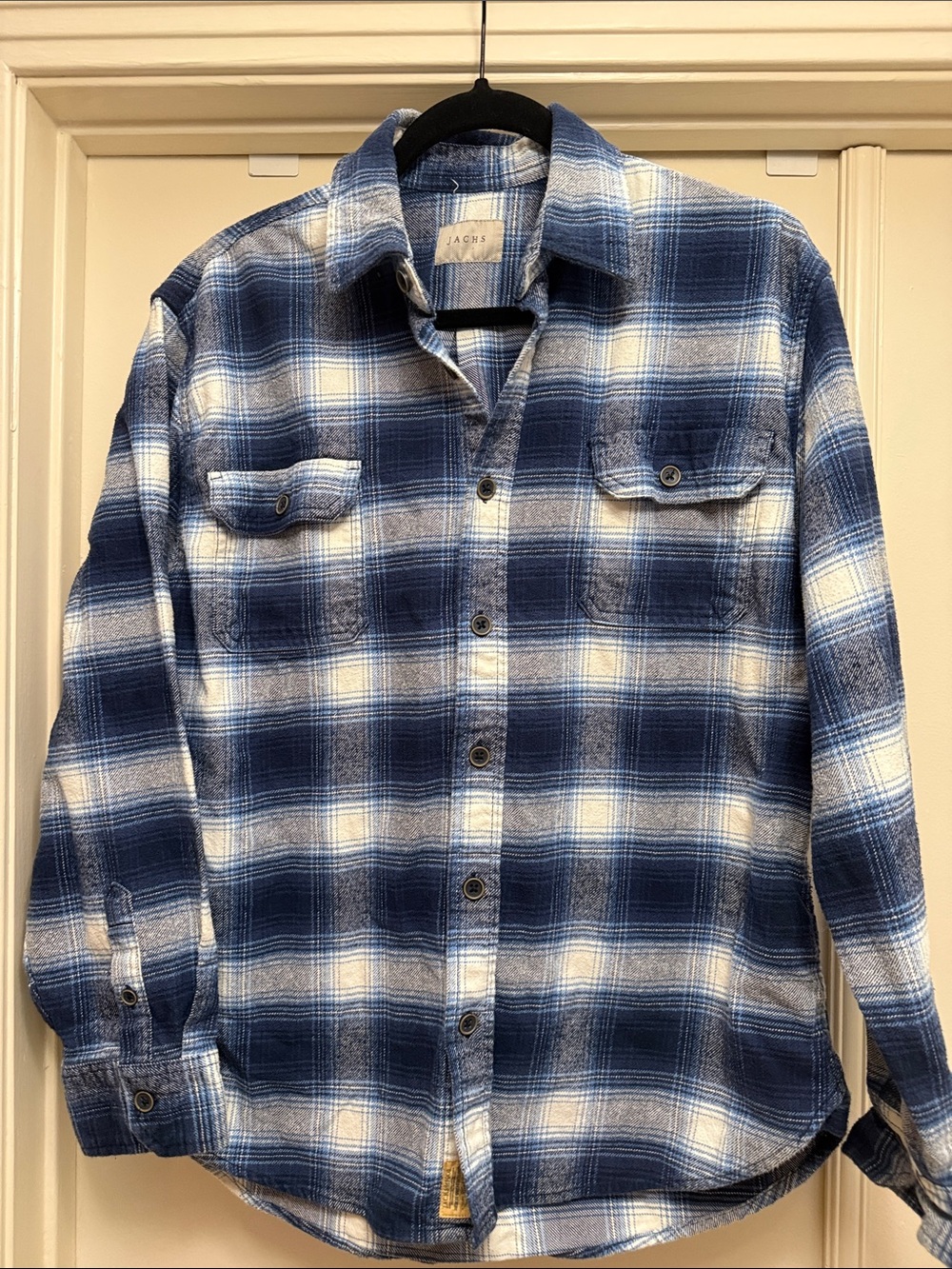 Jachs Blue and White Plaid Heavy Flannel Shirt. 100% cotton. Size L